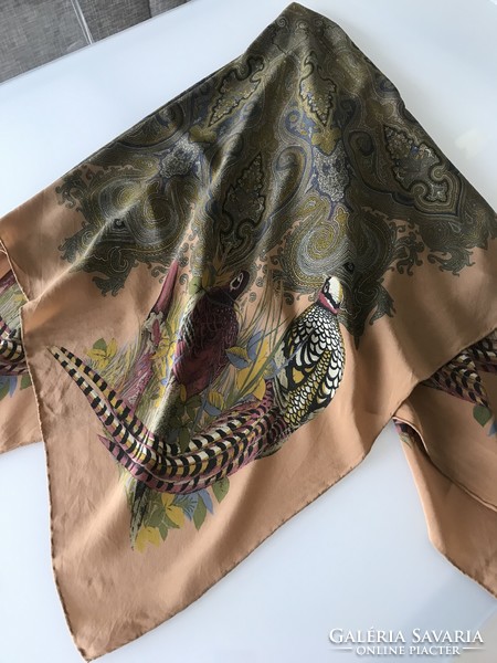 Huge silk scarf with pheasant pattern, 124 x 120 cm