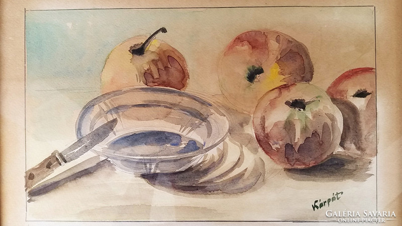 Akvarell gyümölcsös csendélet festmény 46 x 34 cm üvegezett kerettel