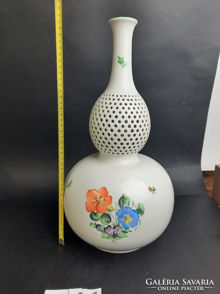 Óriási /40 cm/  magas Herendi Tertia palack alakú áttört nyakú virágmintés váza REPEDT! /441/