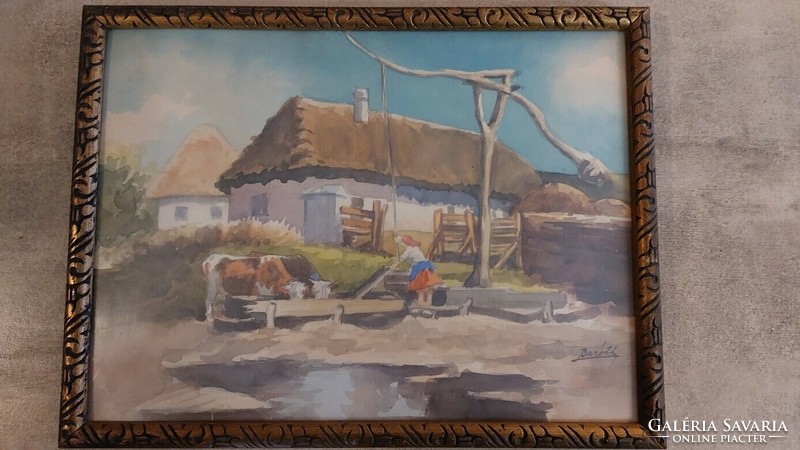 (K) Szép tanyasi életkép akvarell festmény 34x26 cm kerettel