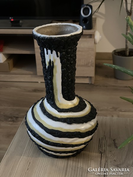 Károly Király retro patterned, glazed ceramic vase 27cm