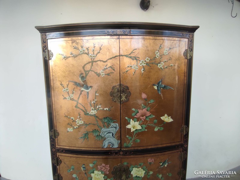 Antik kínai bútor festett növény madár motívum nagy arany lakk 6 ajtós ruhás szekrény 726 6861