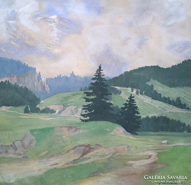 Old landscape with pine trees - watercolor from the 1930s (size with frame 46x45 cm)