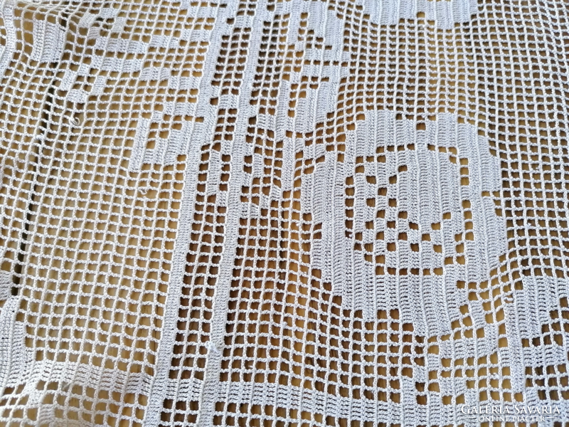 Antique hand-crocheted net fillet lace round tablecloth table centerpiece 80 cm diameter