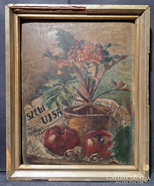 Still life with newspaper - old oil painting on cardboard (34x28 cm)