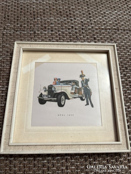 Opel 1932 model printed on silk. In a glazed frame, 13x13 cm.