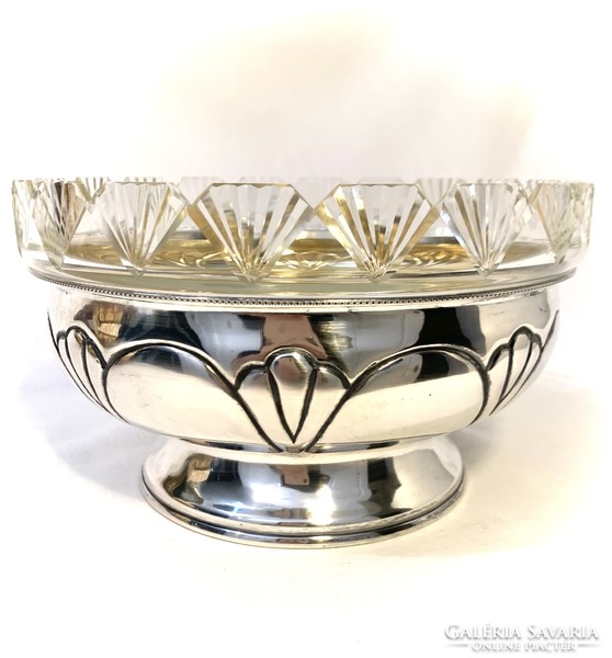Ezüst Art-deco kínáló üvegbetéttel