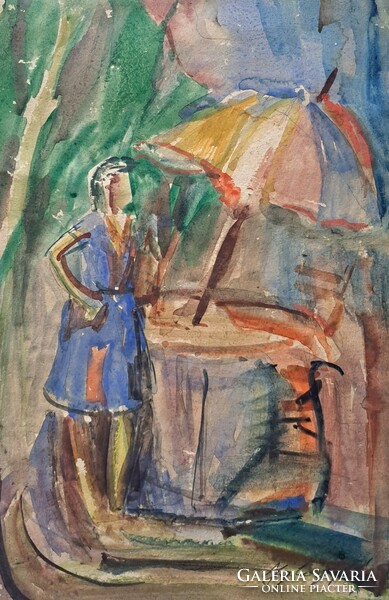 József Iglay (1905-1980): lady with an umbrella, watercolor (full size 47x35 cm)