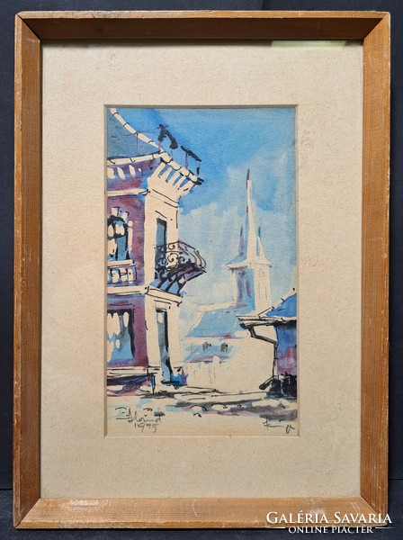 Street detail, blue tinted watercolor (size with frame 23x31 cm)