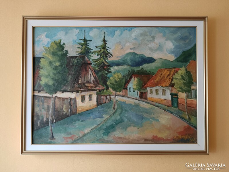 Landscape village street scene oil painting with beautiful warm colors 1980