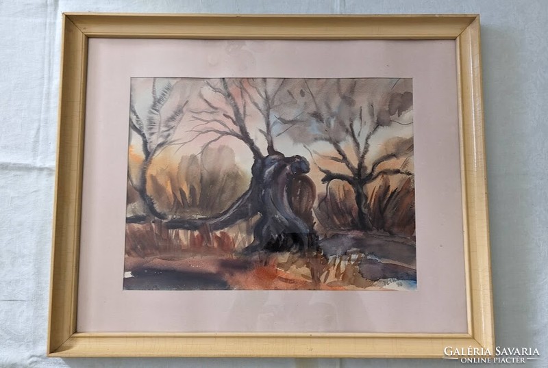 József Petkes: Autumn in Zsennyei watercolor 1988, size: 46x36 cm, with frame: 67x56 cm