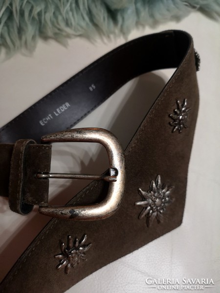Genuine nubuck leather belt, handcrafted, alpes, i traditional, metal alpine, Tyrolean, trachten, 85