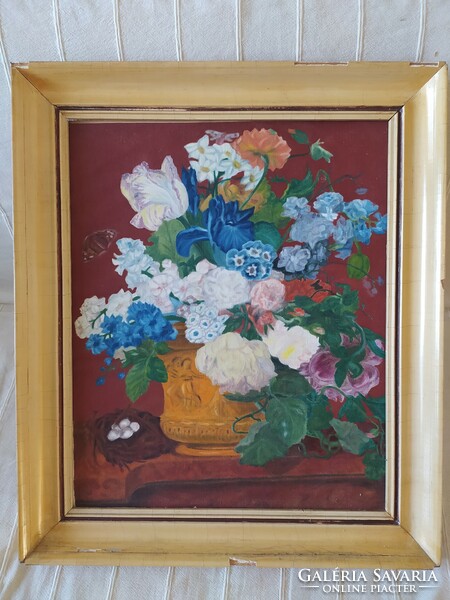 Tabletop still life flawless oil painting, in gallery original frame 60 x 51 cm