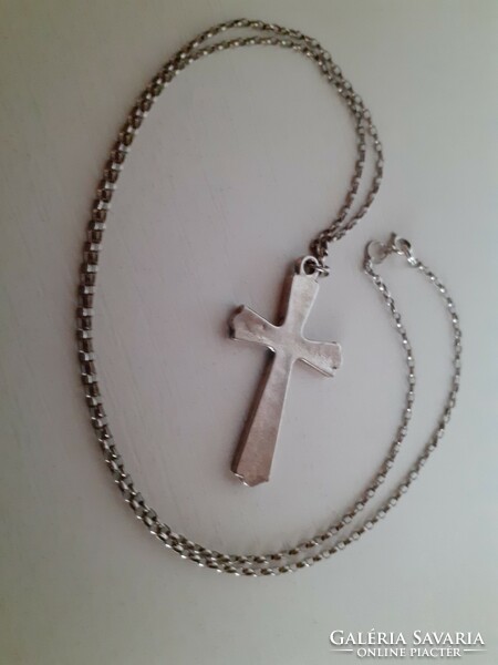 Old retro cross pendant on a long chain, richly silver-plated, in beautiful condition