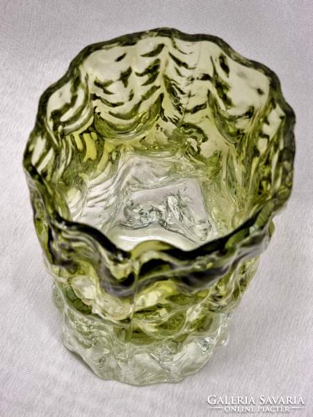 Green cylindrical glass vase with a special design from the 70s, ingrid glas, kurt wokan style