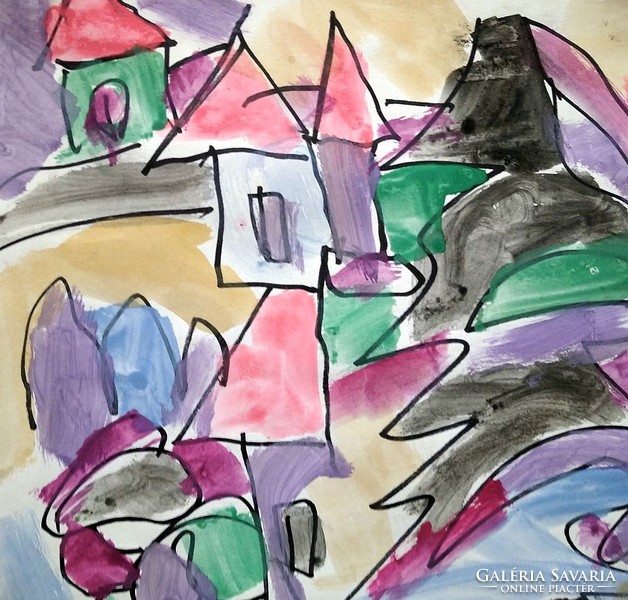 Miklós Csepeli németh: houses among the trees with lovers - watercolor from 2003