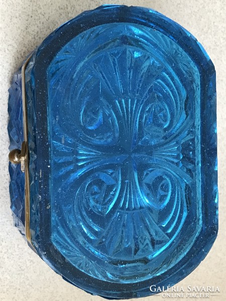 Antik préselt üveg teás doboz enciánkék színben, 13,5 x 9 x 9,5 cm