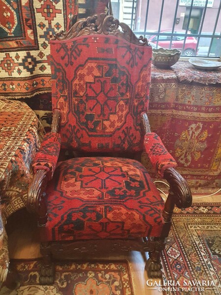 A pair of Neo-Renaissance armchairs upholstered with a truly special unique carpet. You won't find anything like it :-)