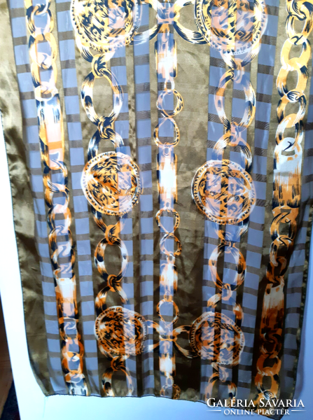 Transparent, silk scarf with gold chain pattern