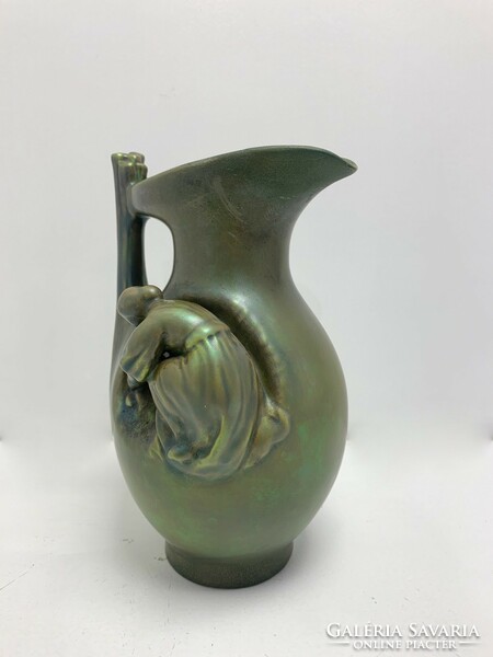 Art Nouveau eosin-glazed Zsolnay shield seal harvest jug, spout - 50149