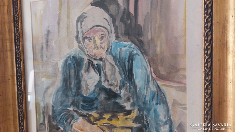(K) old watercolor painting old lady 48x61 cm with frame