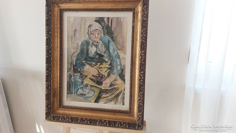 (K) old watercolor painting old lady 48x61 cm with frame