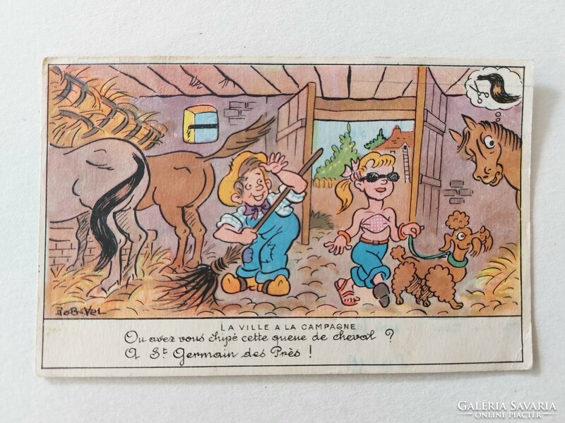 Régi képeslap 1953 rajzos humor levelezőlap lovak
