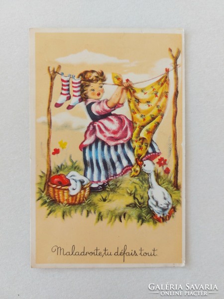 Old postcard postcard little girl duckling