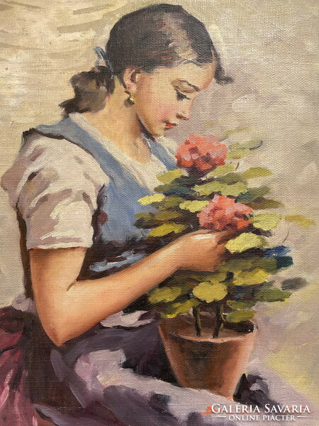 Friderika Bendéné Kovacsev: young girl with geraniums
