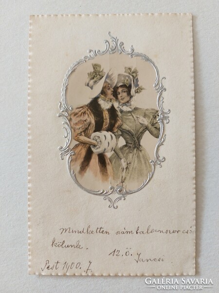 Régi képeslap litho levelezőlap 1900 hölgyek ezüst dombornyomott keretben