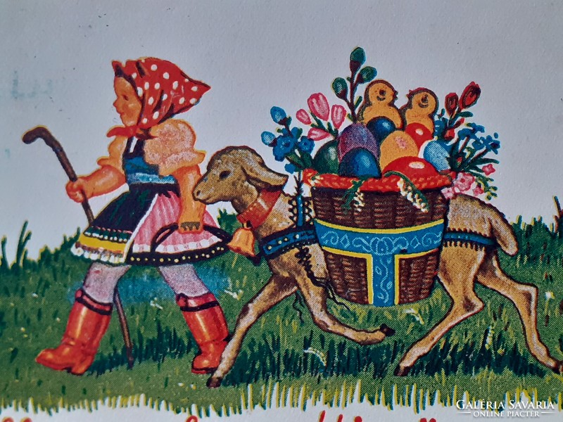 Régi húsvéti rajzos képeslap 1941 levelezőlap kislány bárány