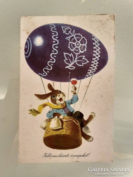 Régi húsvéti képeslap rajzos levelezőlap léghajó tojás nyuszi