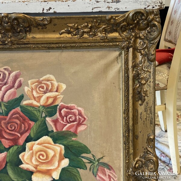 Antique oil painting with blonde frame, John II of Russia. Flower still life