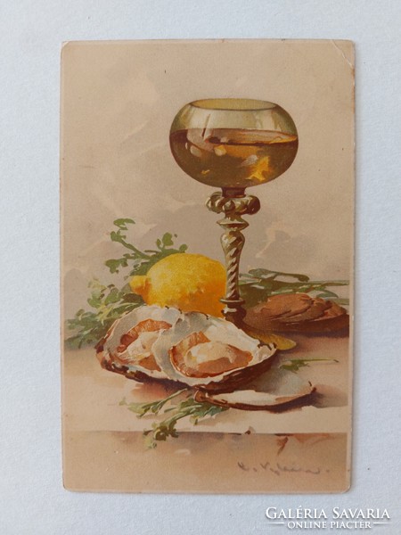 Régi képeslap levelezőlap asztali csendélet osztriga citrommal borral