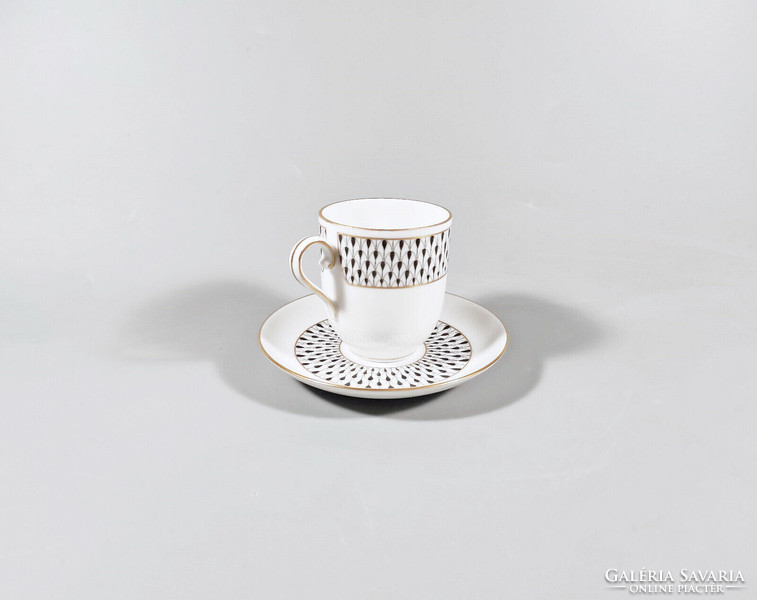 Herend, black vh (vhnkn) pattern coffee cup and saucer, hand-painted porcelain, flawless! (I223)