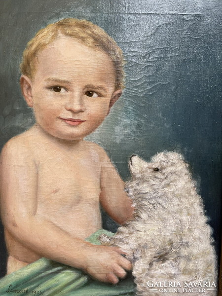 Lacóné: little boy with a poodle dog, 1934