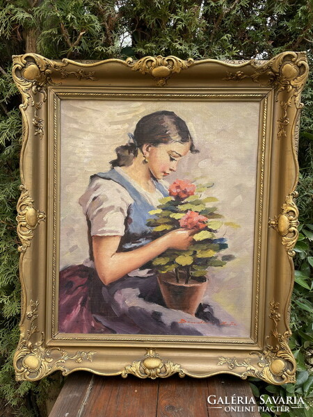 Friderika Bendéné Kovacsev: young girl with geraniums