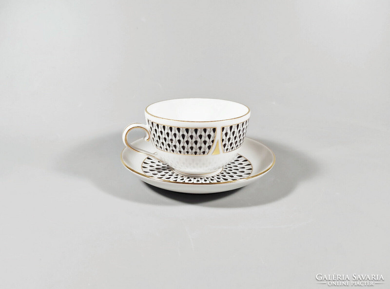 Herend, black vh (vhnkn) pattern teacup and saucer, hand-painted porcelain, flawless! (I222)