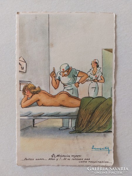Régi képeslap rajzos humor levelezőlap orvos nővér páciens