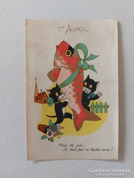 Old postcard picture postcard April 1. Fish and kittens
