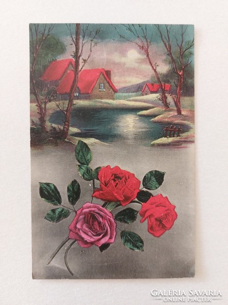Régi virágos képeslap levelezőlap rózsa tájkép