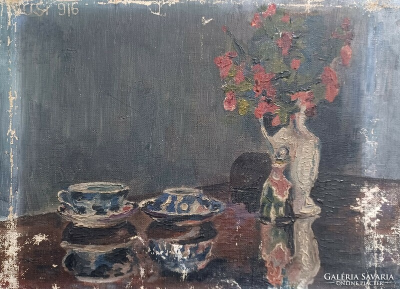 Csendélet virággal - jelzett régi olajfestmény 1916- ból (40x29 cm)