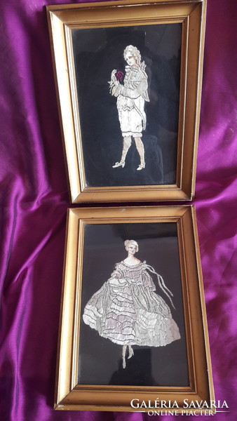 Antique baroque lady and gentleman picture pair, silk picture (l3487)