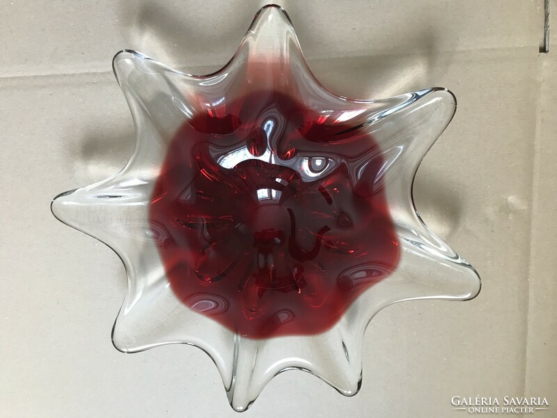 Czech handmade glass bowl with a red center, diameter 35 cm