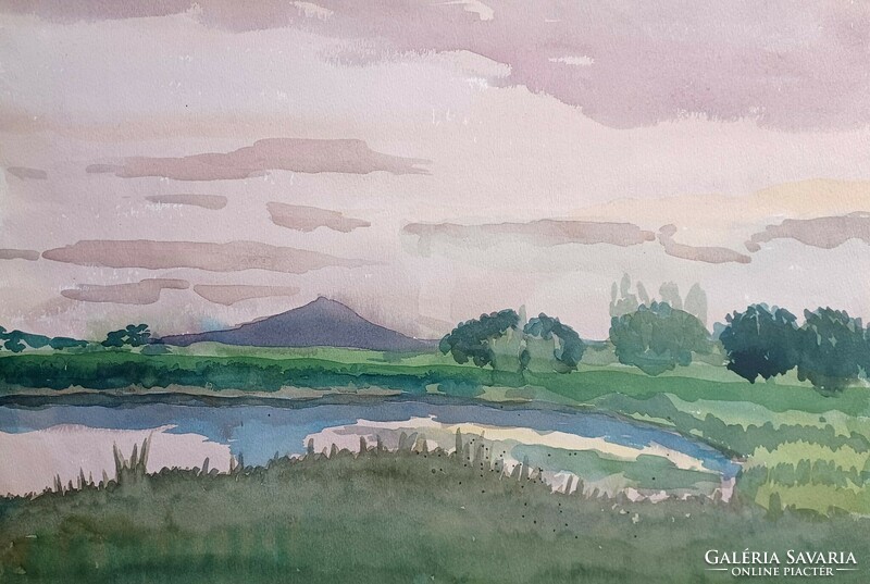 Landscape with a lake - watercolor (44x29 cm)