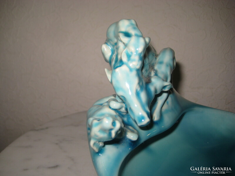 Zsolnay , kék , vadász jelenetes  névjegytartó  szép  állapot , 16 cm