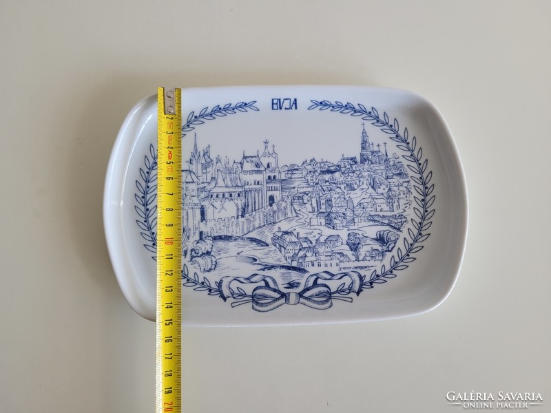 Retro old lowland porcelain bowl with tray with Buda inscription and medieval Buda view