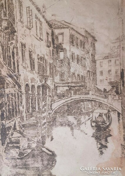 Velencei gondolás - régi rézkarc, városkép (33x24,5 cm)