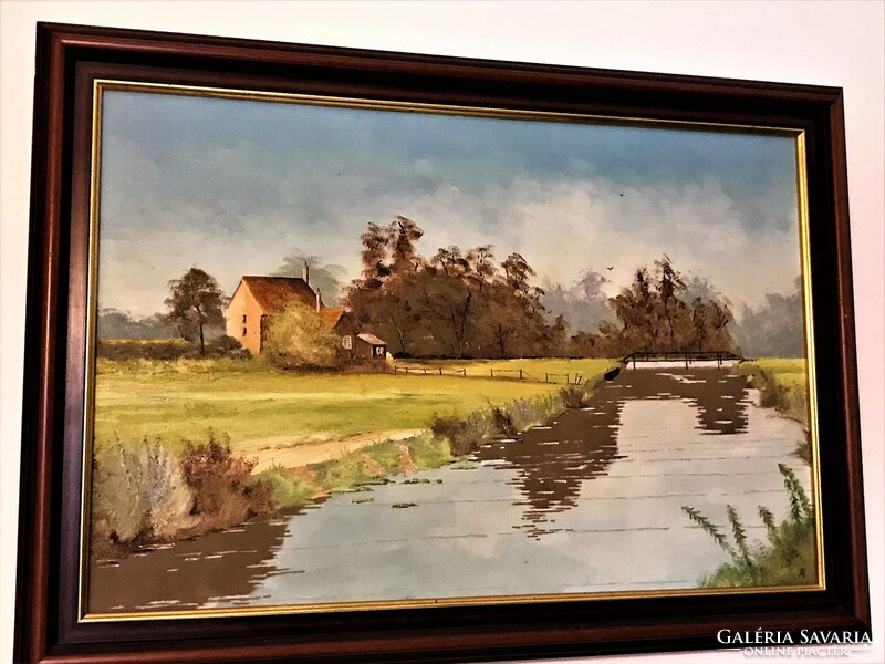 Ház a folyó mellett, XX.század második fele, olaj-vászon, számomra ismeretlen festő munkája.