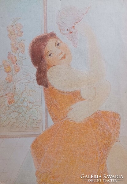 Lány galambbal - jelzett színesceruza rajz (30x21 cm)